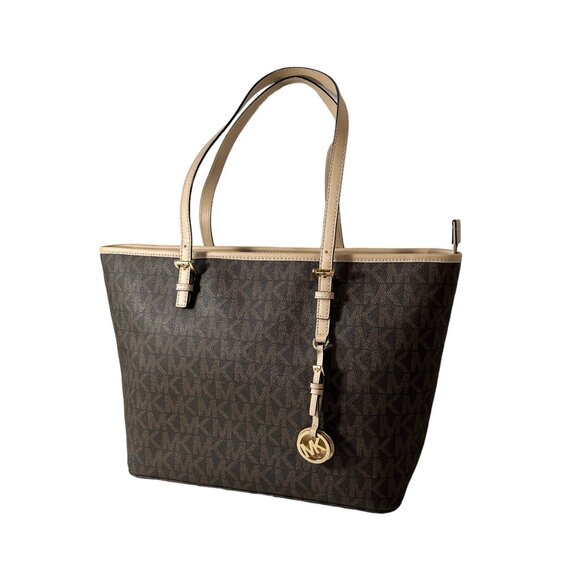 Michael Kors Purse Jet Set Signature Large Zip Up Tote Bag MK Monogram Brown Tan - Picture 4 of 12
